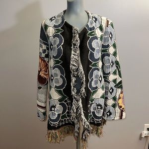 Handmade Upcycled Floral Fringe Hippie Boho Blanket Cardigan Sweater